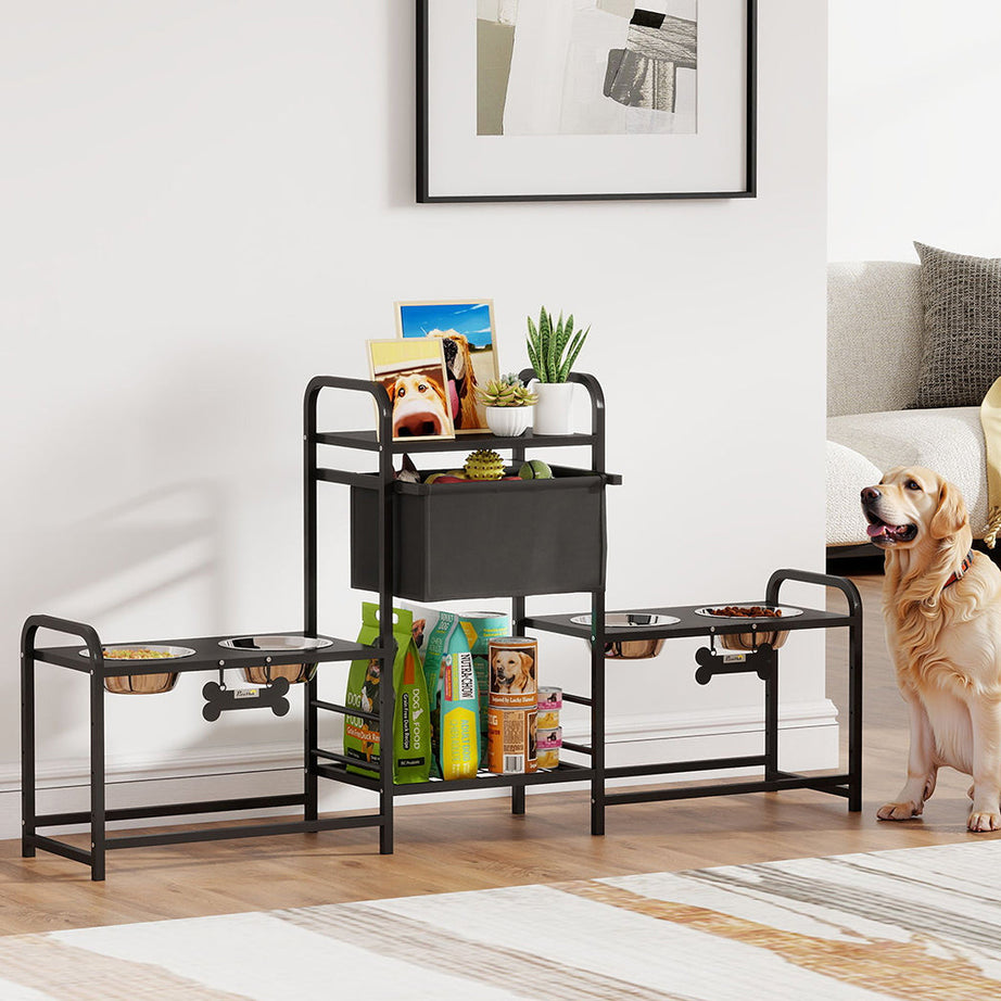 Dog Bowl Stand Dual Station - 4 Bowls 3 Heights Storage Bin