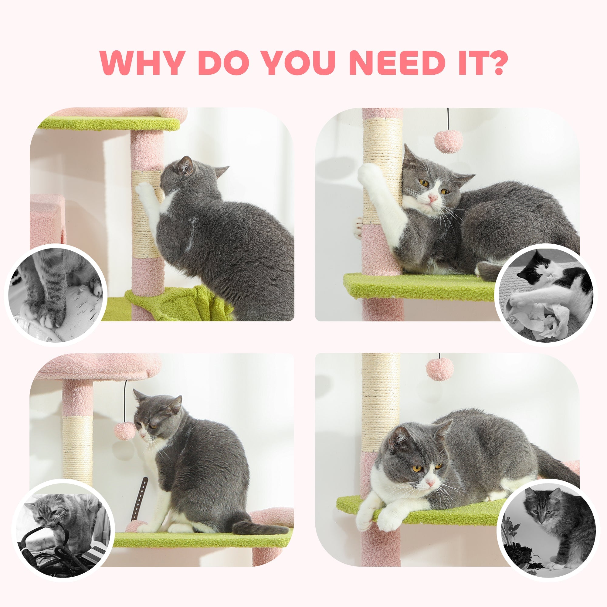 74" Flower Cat Tree, Large Cat Tower with Scratching Post & Board for Indoor Cats, Pink