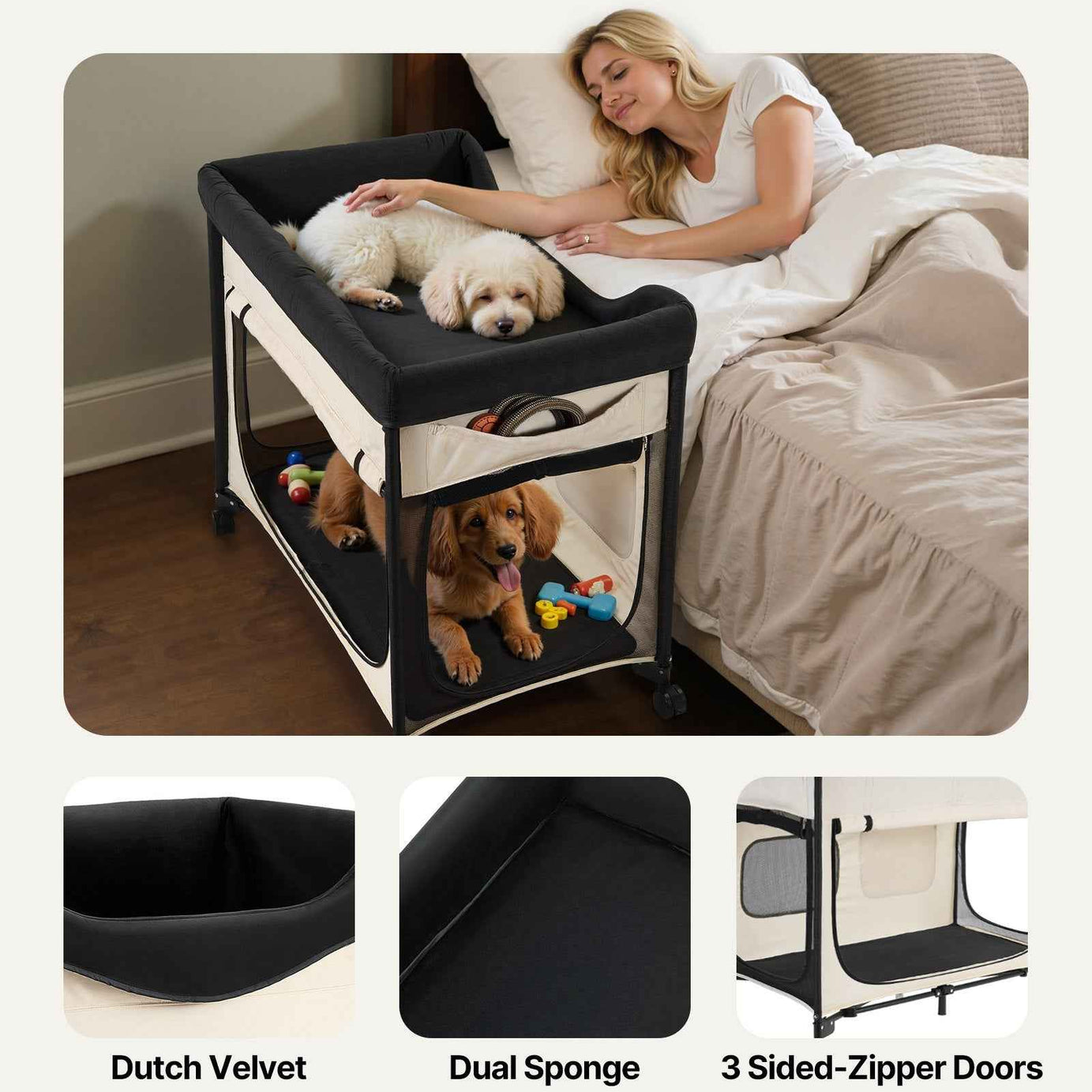 Elevated Bunk Dog Bed - Dual Level Bedside with Wheels
