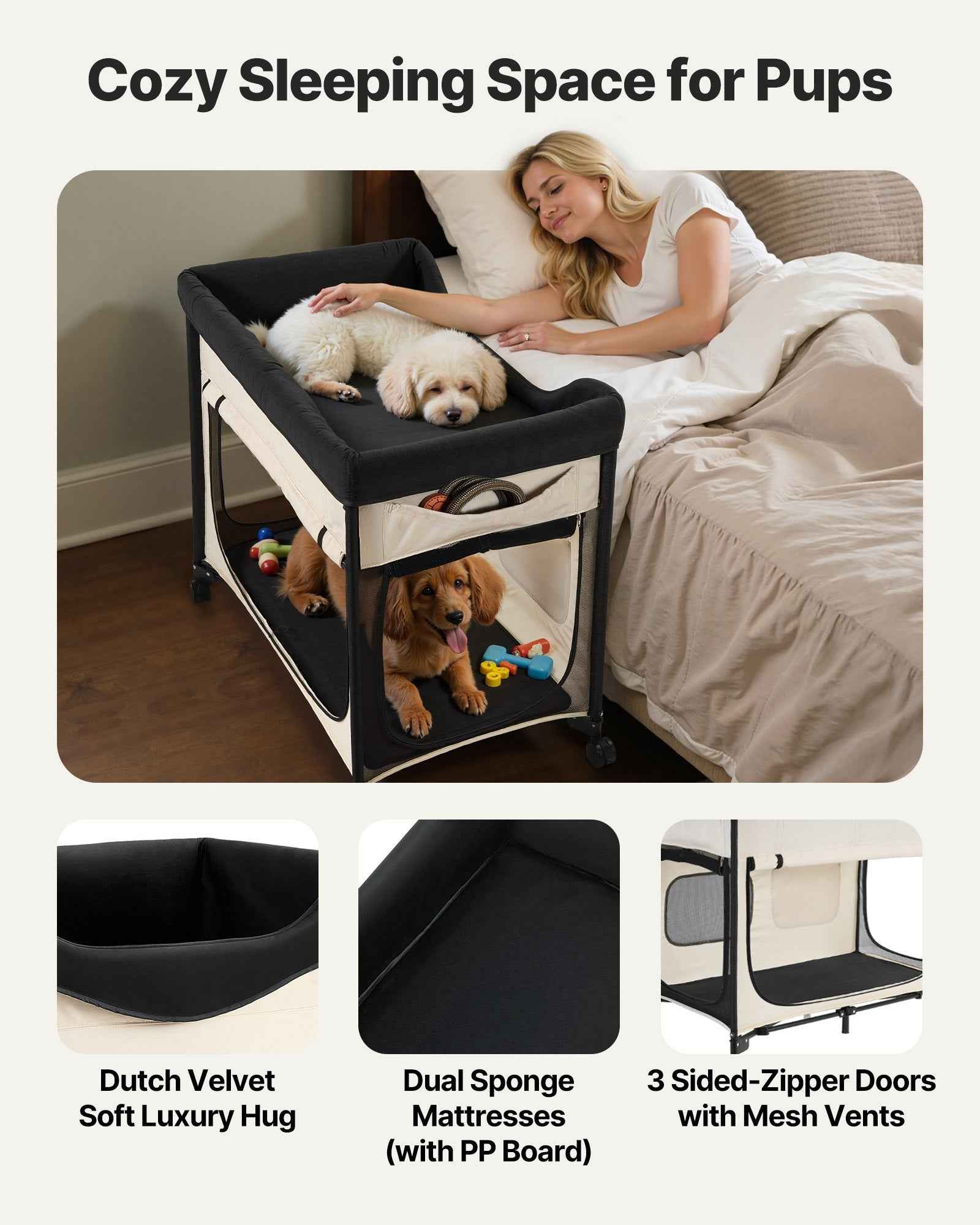 Elevated Bunk Dog Bed - Dual Level Bedside with Wheels