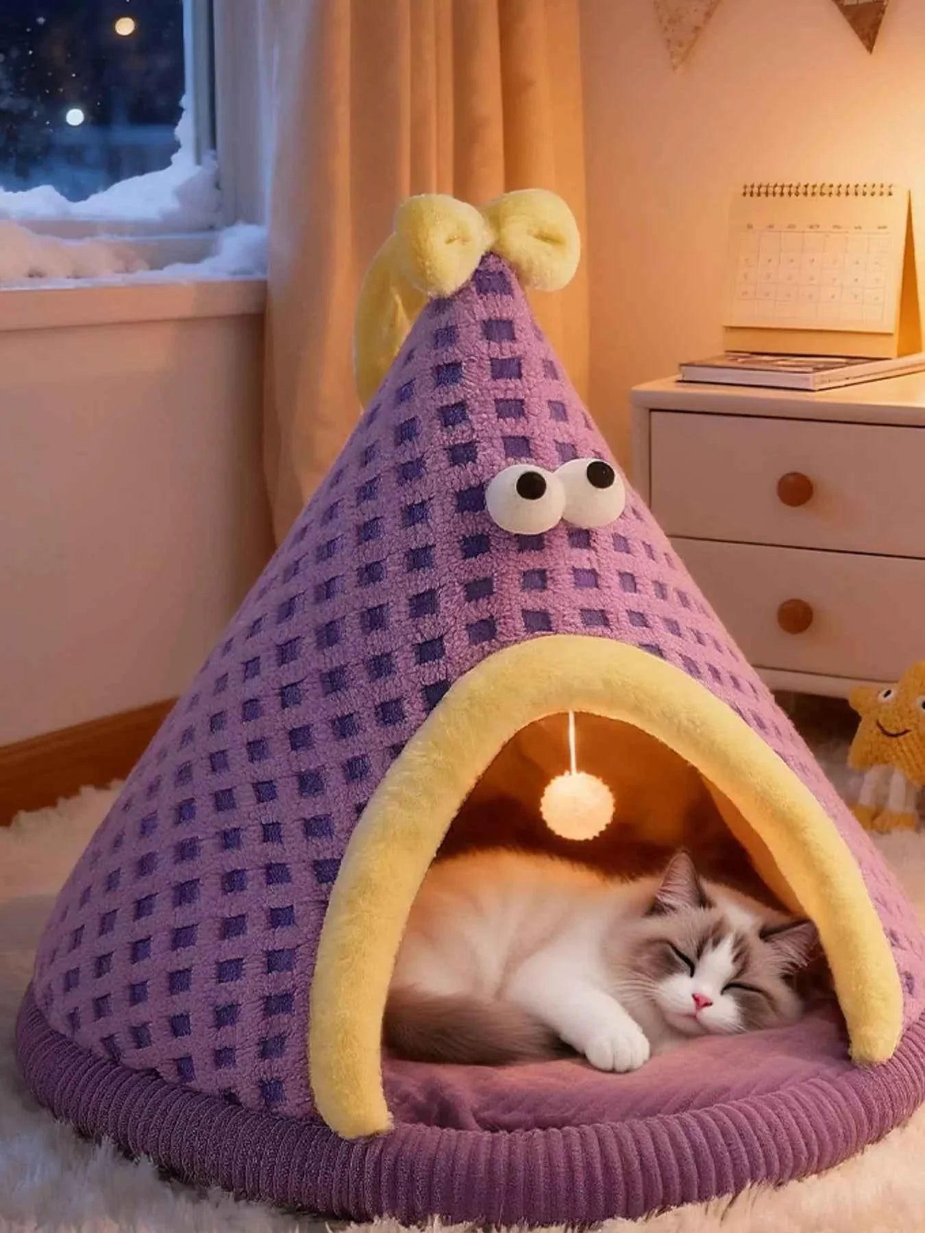 Cartoon Style Pet Nest - Cute Bed with Hanging Ball