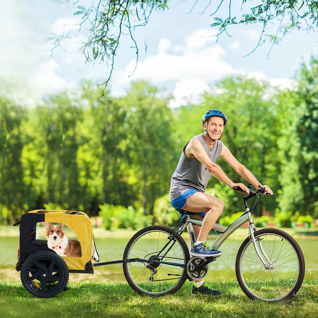 Yellow Outdoor Heavy Duty Foldable Practical Pet Stroller Dog Carrier With Bicycle Tow
