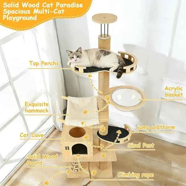 Cat Tree Floor to Ceiling - 6 Level Capsule Tower with Hammock