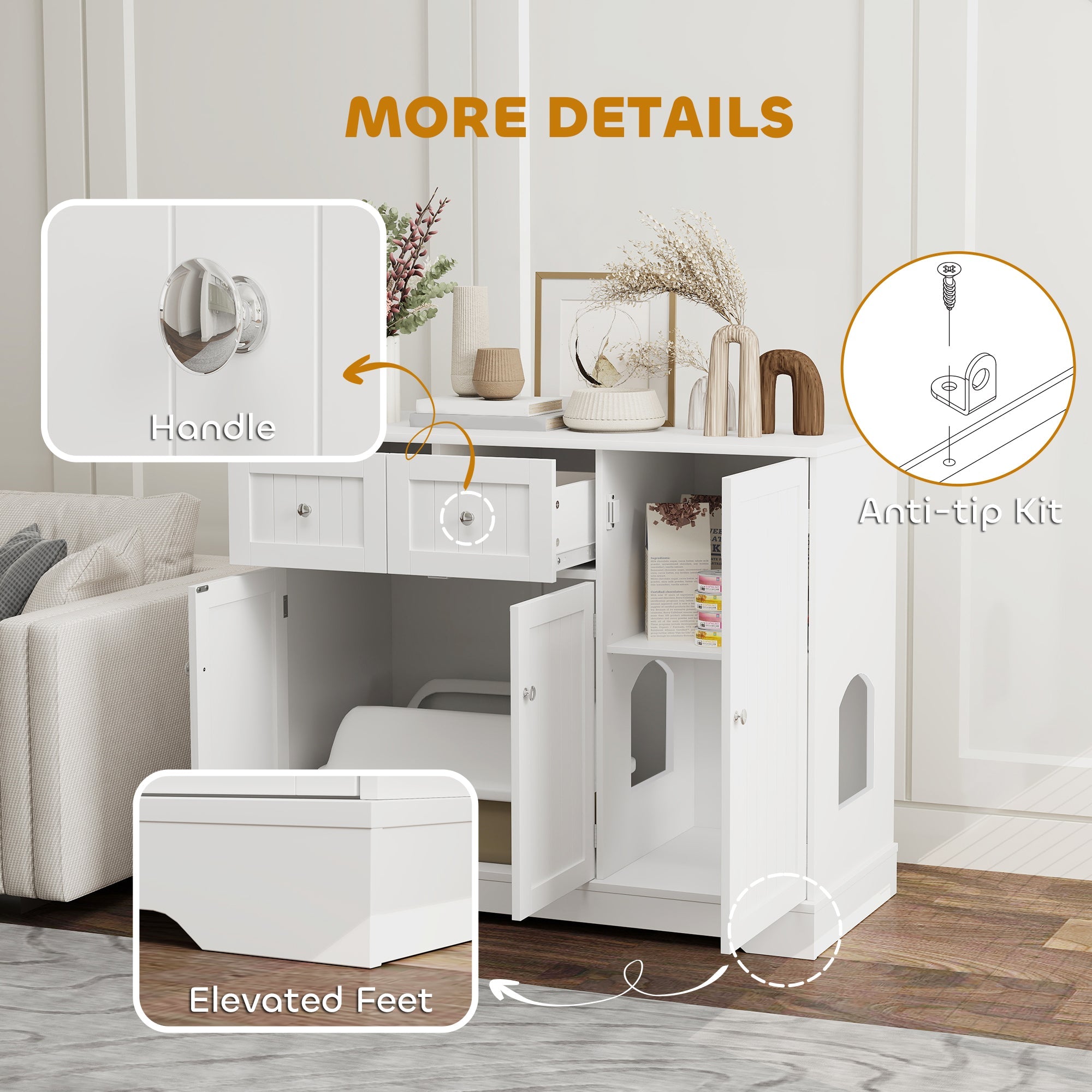White Cat Litter Box Enclosure - Drawers and Storage