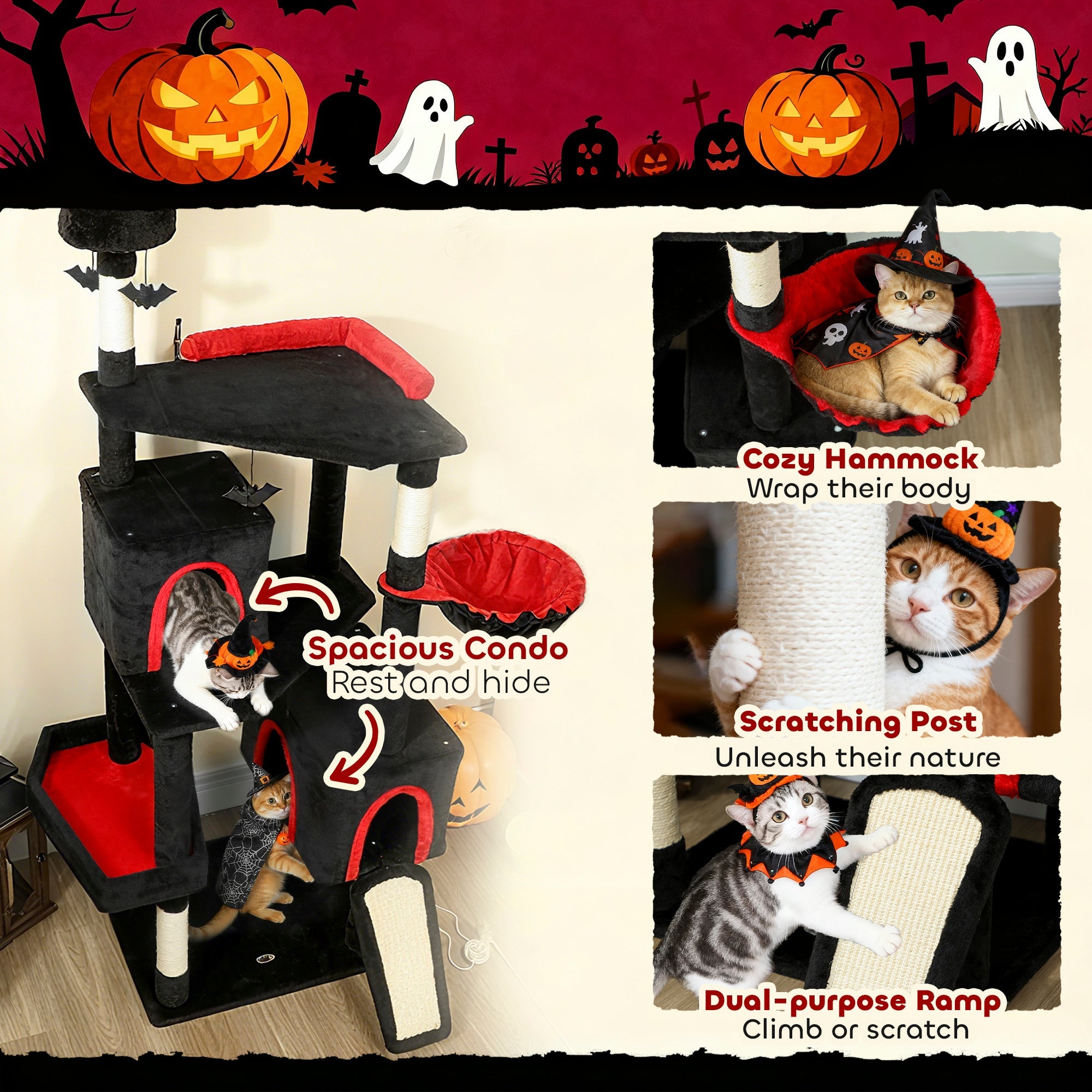 Gothic Cat Tree 78" - Castle Tower with Coffin Bed & Condos