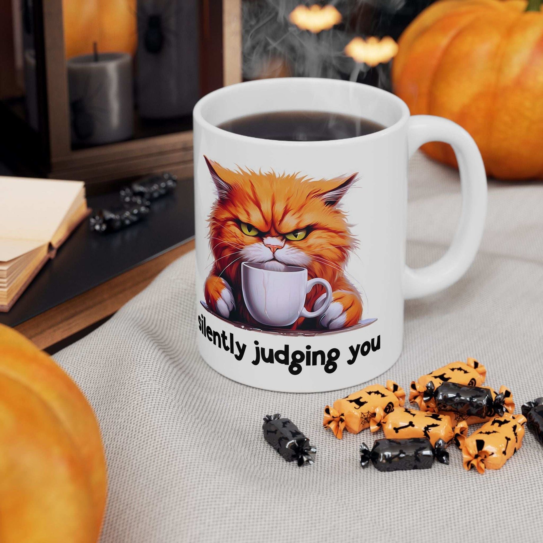 Funny Cat Ceramic Mug - 'Judging You Silently' (11oz, 15oz)