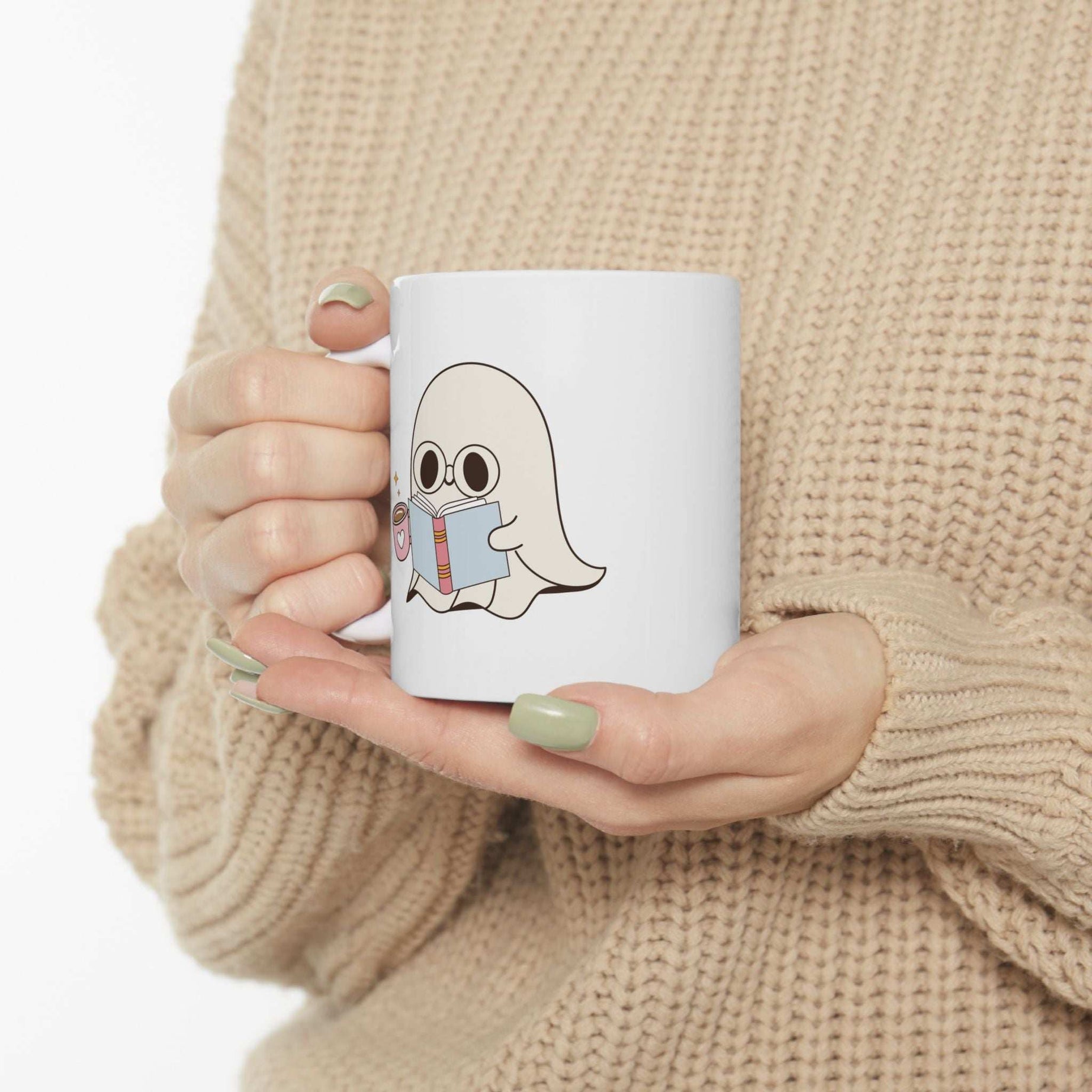 Cute Ghost Ceramic Mug | Coffee Cup for Book Lovers | Halloween Decor | Gift for Readers