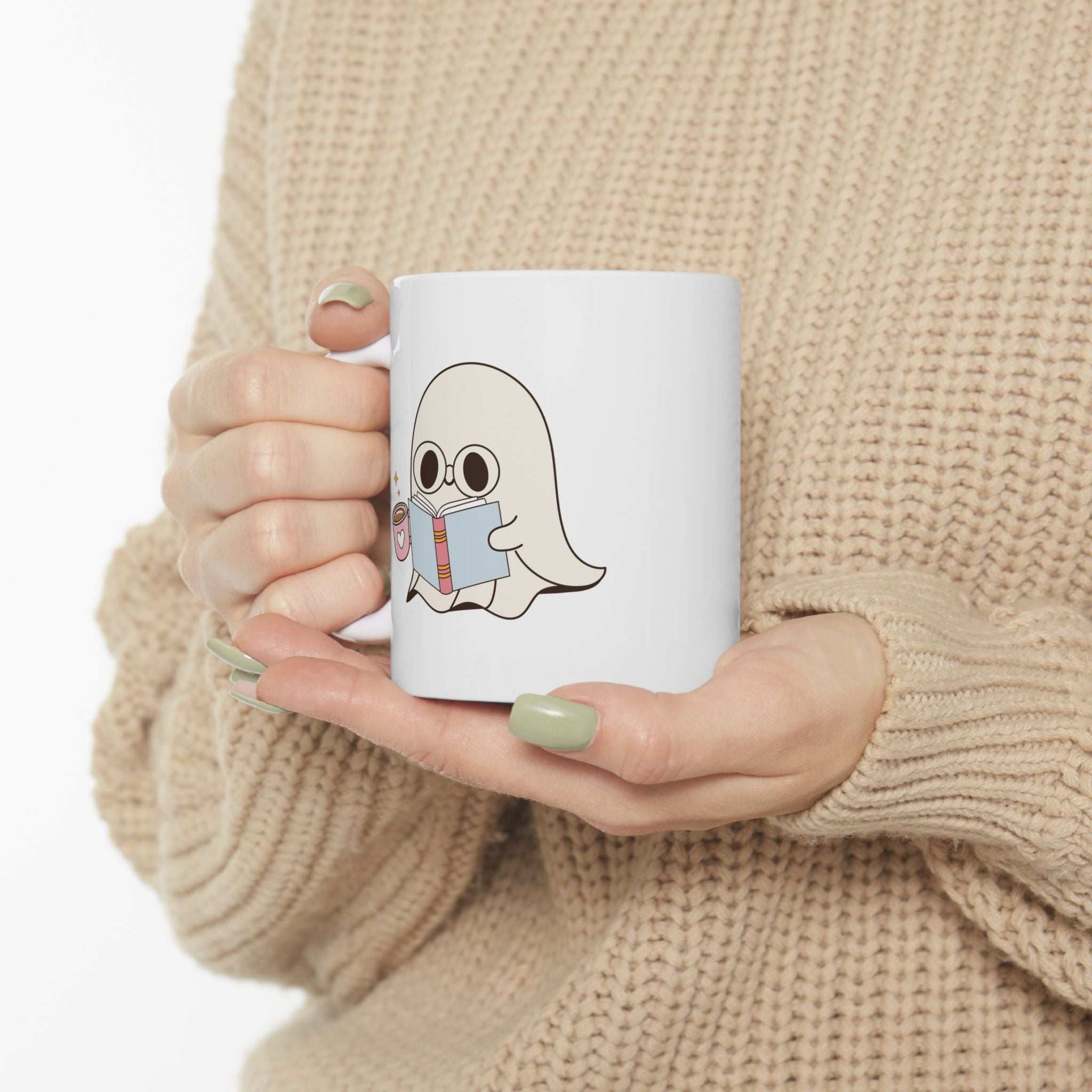 Cute Ghost Ceramic Mug | Coffee Cup for Book Lovers | Halloween Decor | Gift for Readers