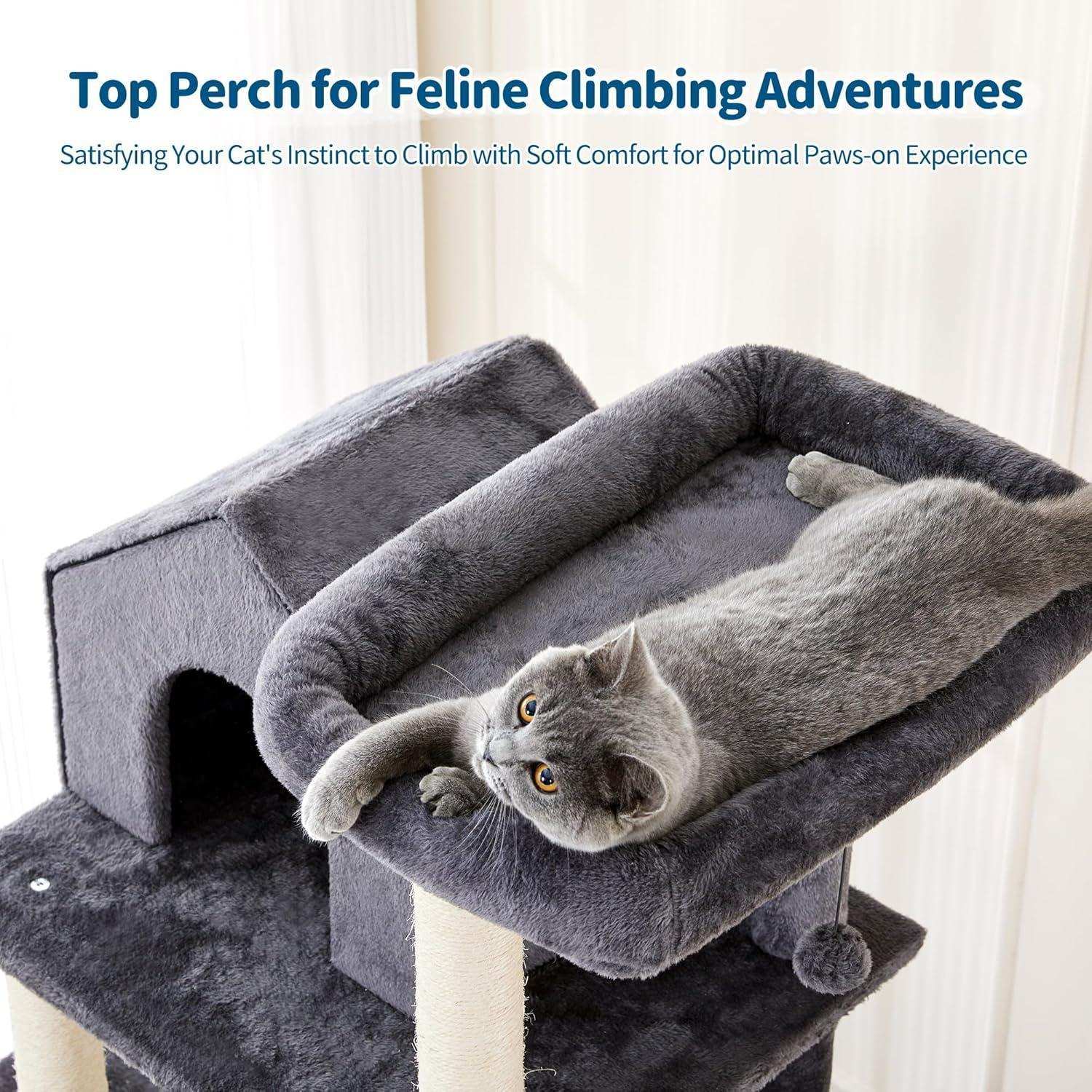 60 Inch Multi-Level Cat Tree For Indoor Cats With Plush Hammock