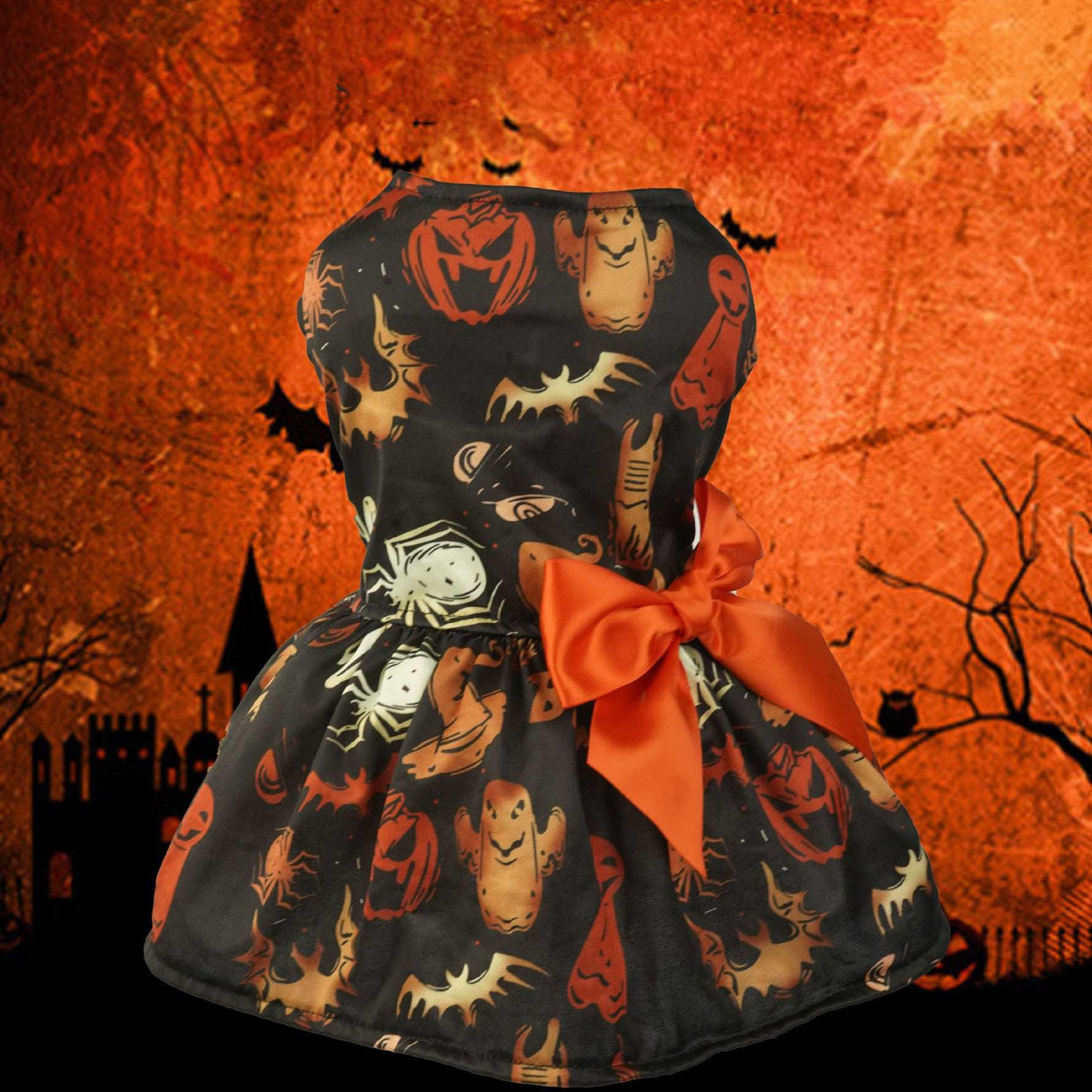Pumpkin Print Halloween Dress - Adorable Mesh Outfit for Small Dogs & Cats