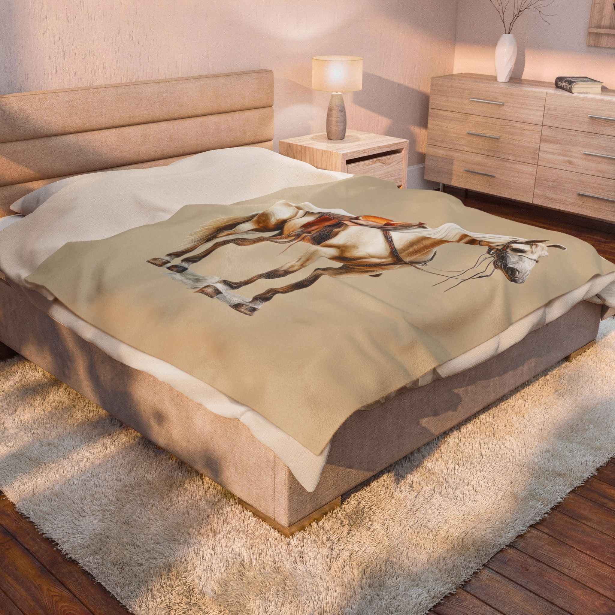 Velveteen Plush Blanket - Saddled Horse Illustration Cozy Throw