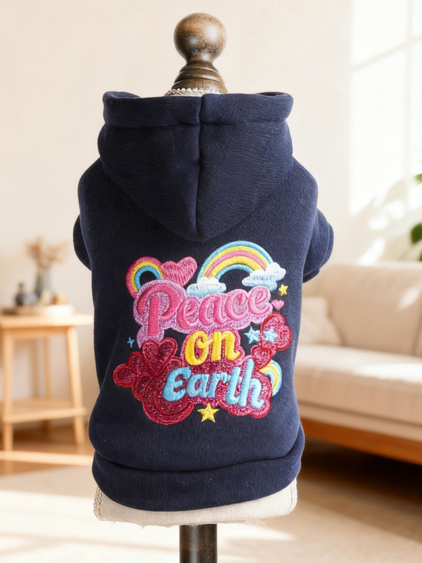 Dog Peace on Earth Hoodie - Rainbow Embroidered Navy Sweatshirt