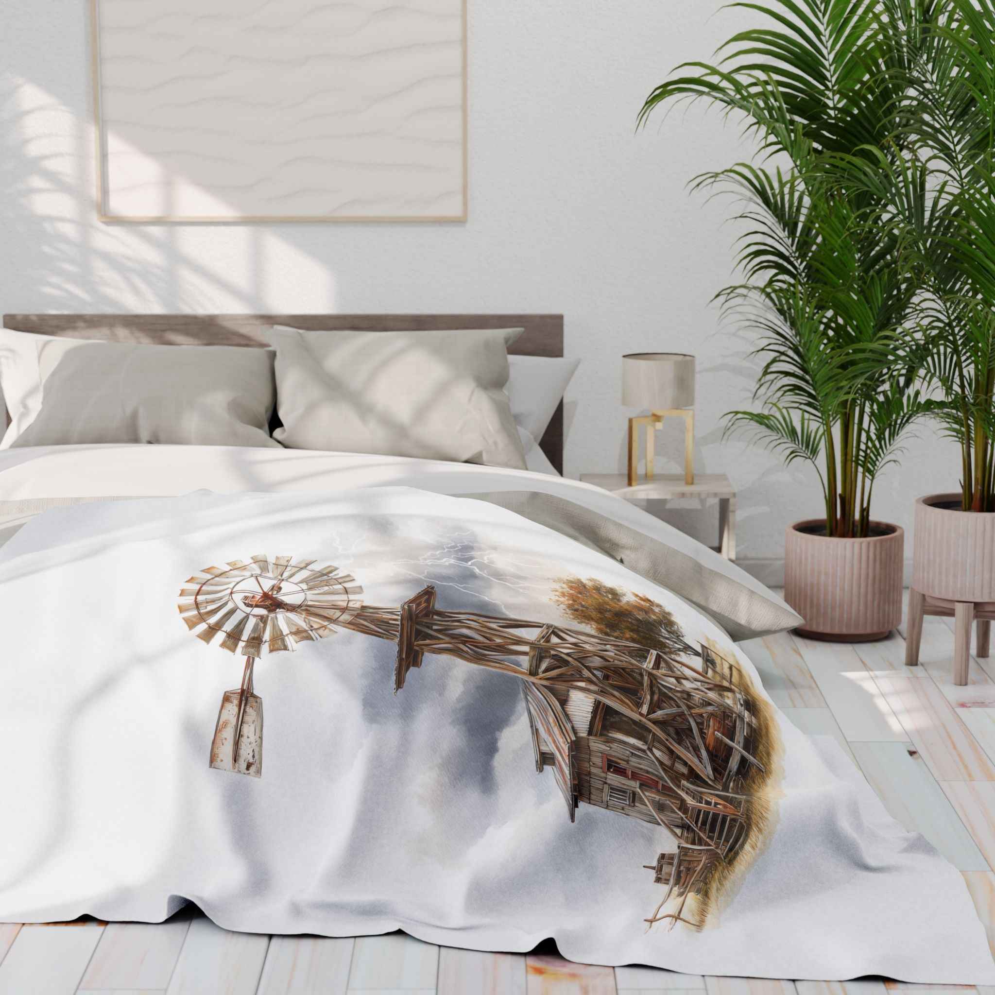 Windmill Farm Fleece Blanket — Rustic Windmill & Storm Sky Throw
