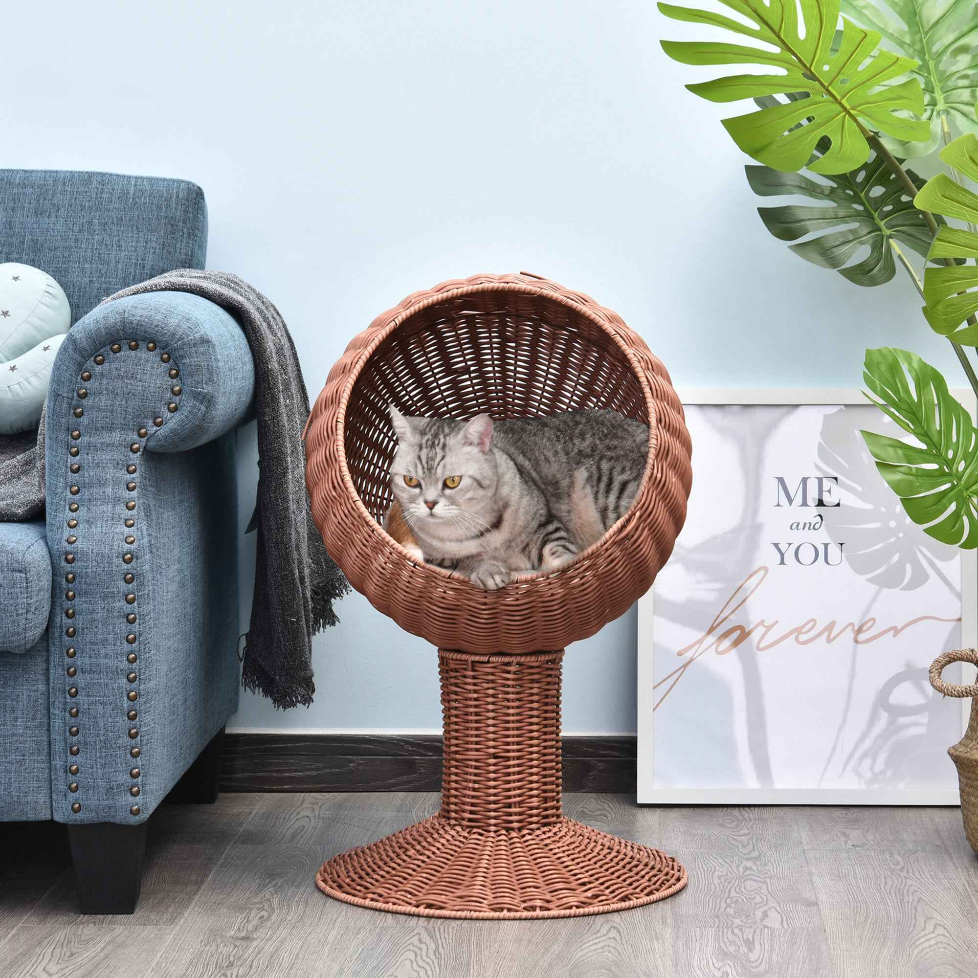 Elevated Cat Bed with Rotatable Egg Chair Pod, Cat Basket Bed with Thick Cushion, Natural Mat Grass Woven Kitty House, Brown