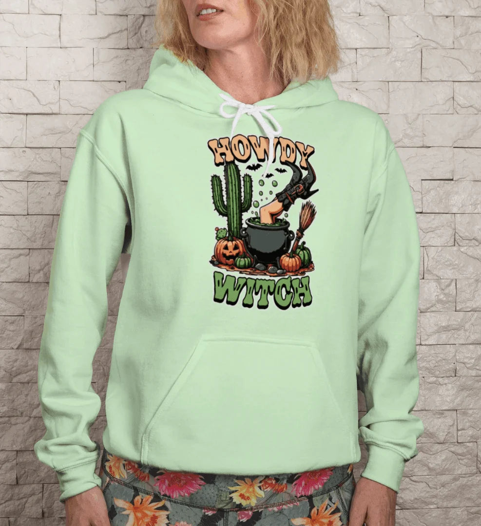 Howdy Upside Down Witch Hoodie Sweatshirt - Halloween Fun