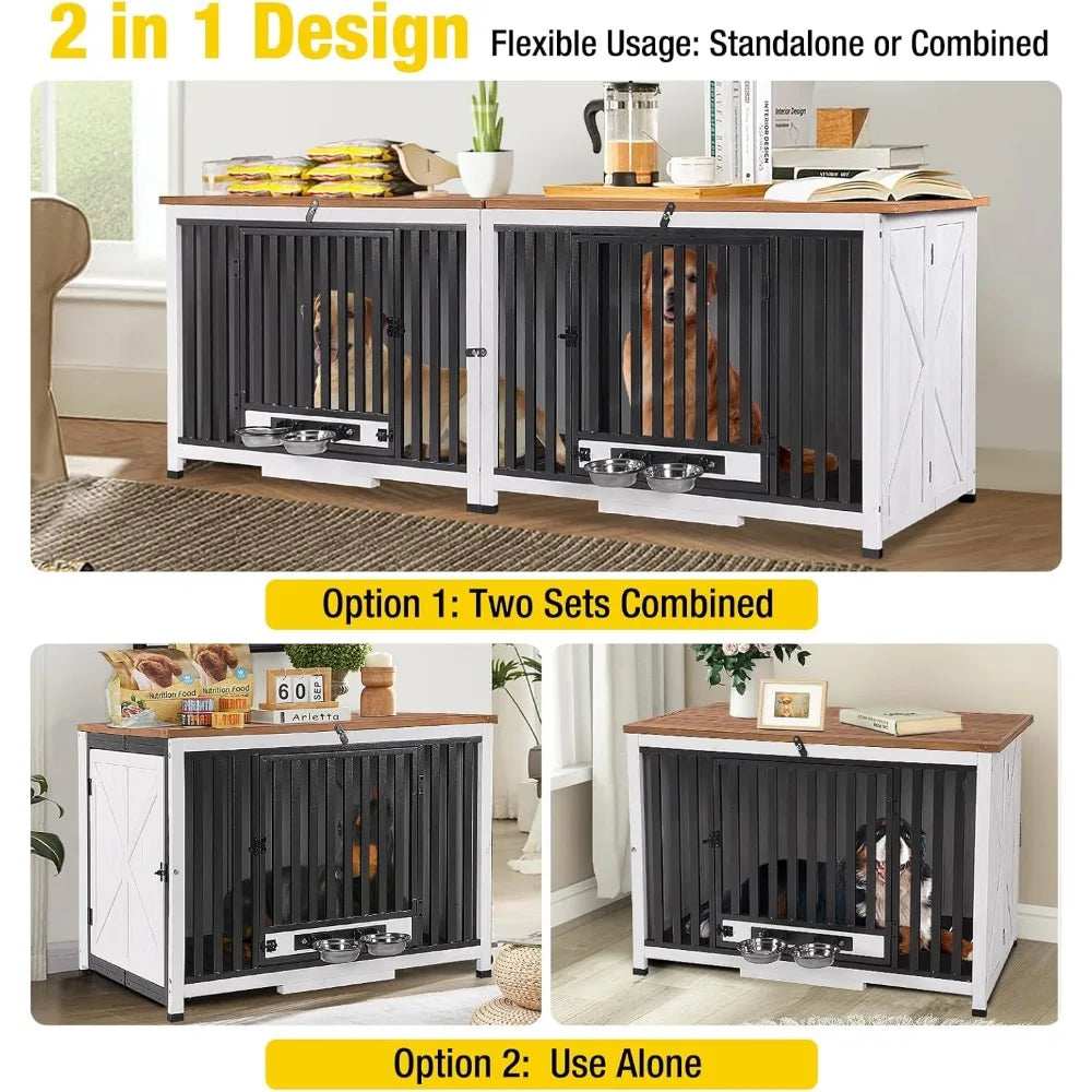 Foldable Dog Crate Furniture No Assembly, Expandable Design, Chew-Resistant, with 360° Rotating Pet Bowls
