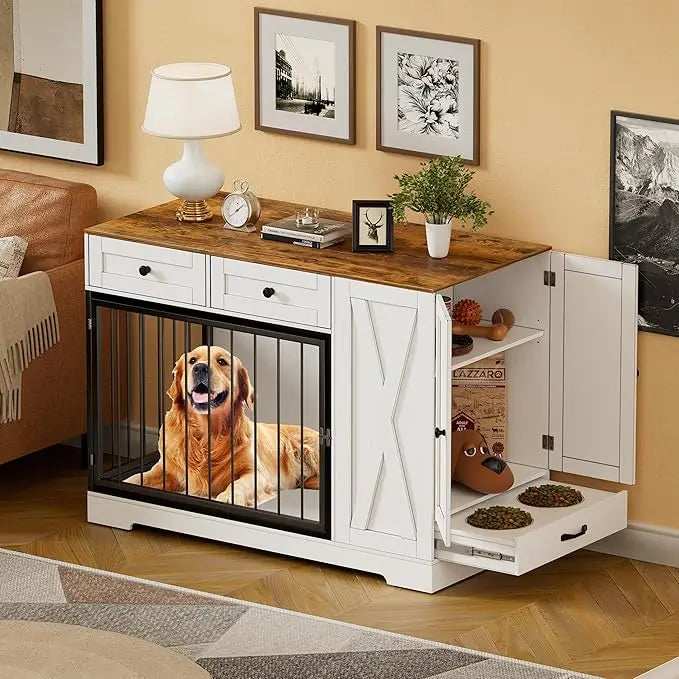 Dog Crate Furniture Kennel with Double Doors - Wooden Pet House with 2 Drawers and Pet Feeder Station Storage Cabinet