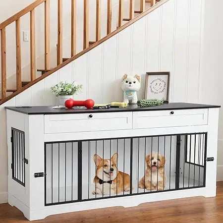 Wooden Dog Cage End Table with Charging Station Large Dog Crate Furniture-Decorative Heavy Duty