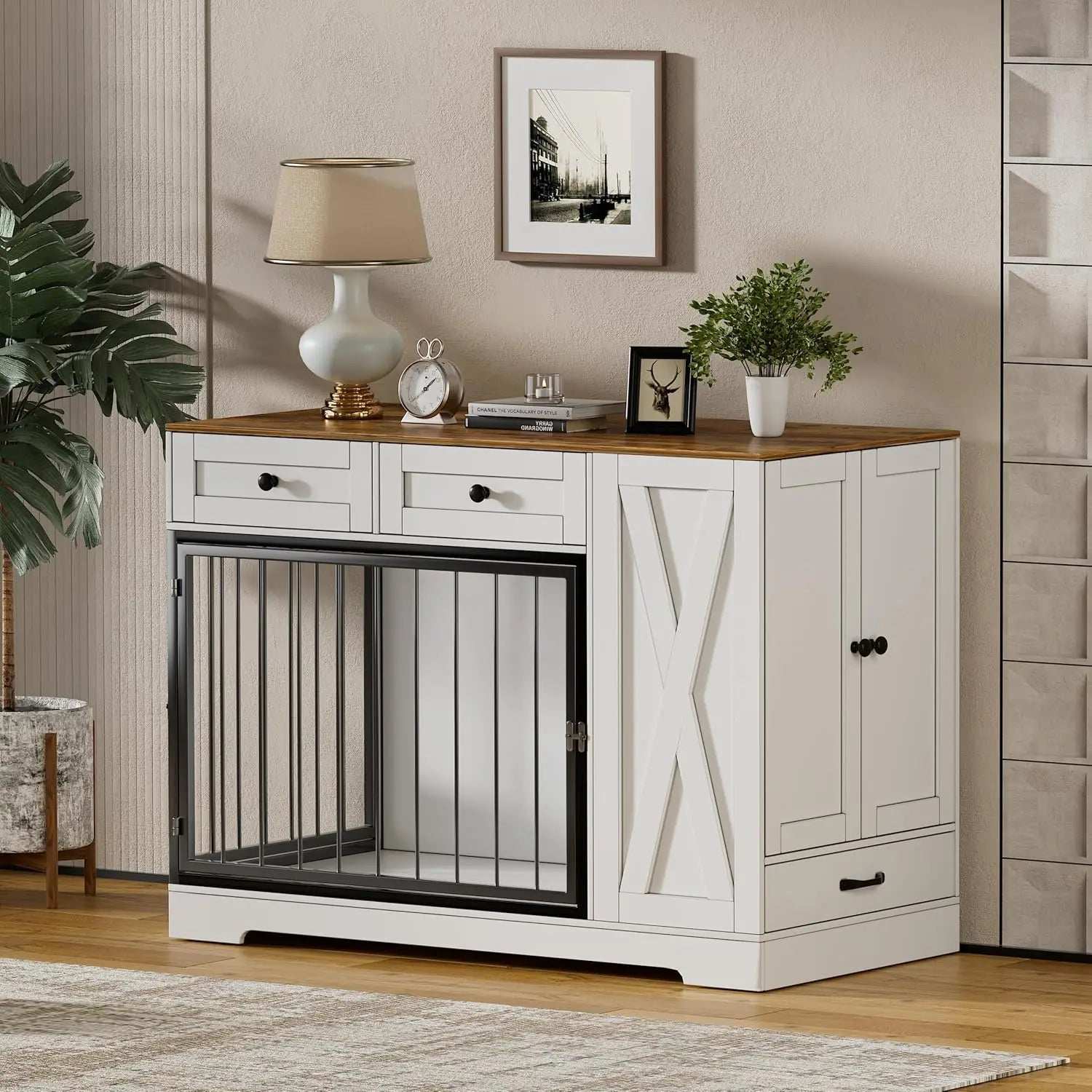 Dog Crate Furniture Kennel with Double Doors - Wooden Pet House with 2 Drawers and Pet Feeder Station Storage Cabinet
