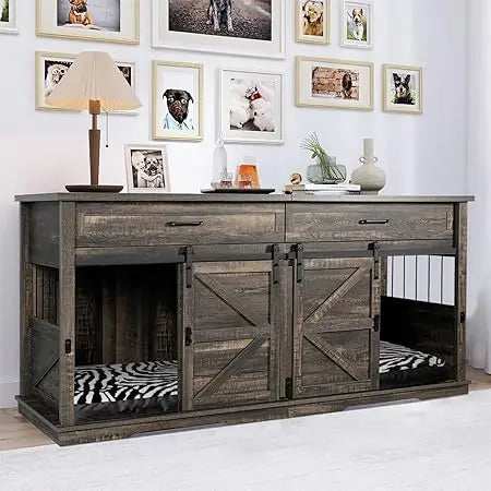 Wooden Furniture Double Dog Crate TV Stand for Medium and Large Breeds with Sliding Doors