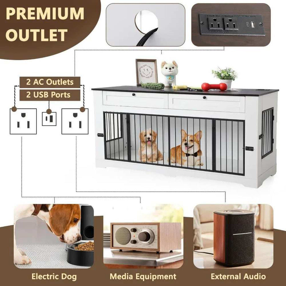 Wooden Dog Cage End Table with Charging Station Large Dog Crate Furniture-Decorative Heavy Duty
