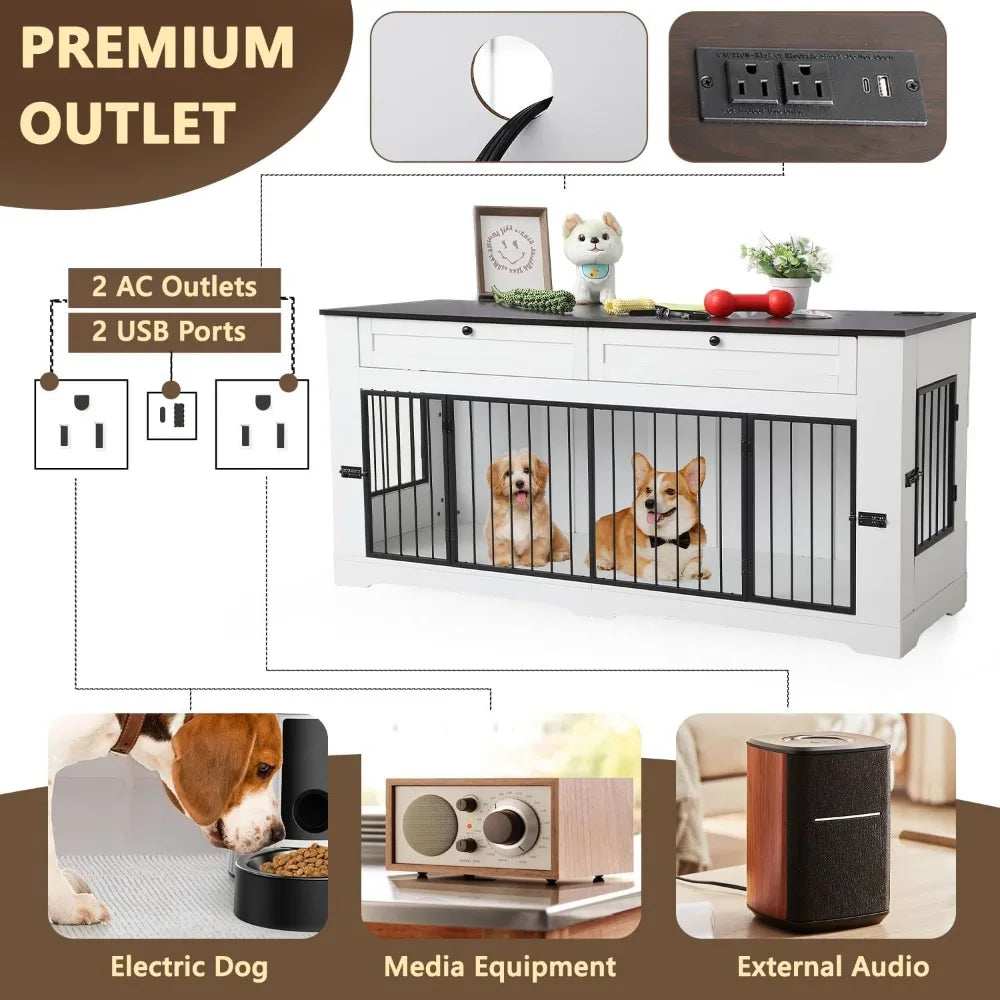 Wooden Dog Cage End Table with Charging Station Large Dog Crate Furniture-Decorative Heavy Duty