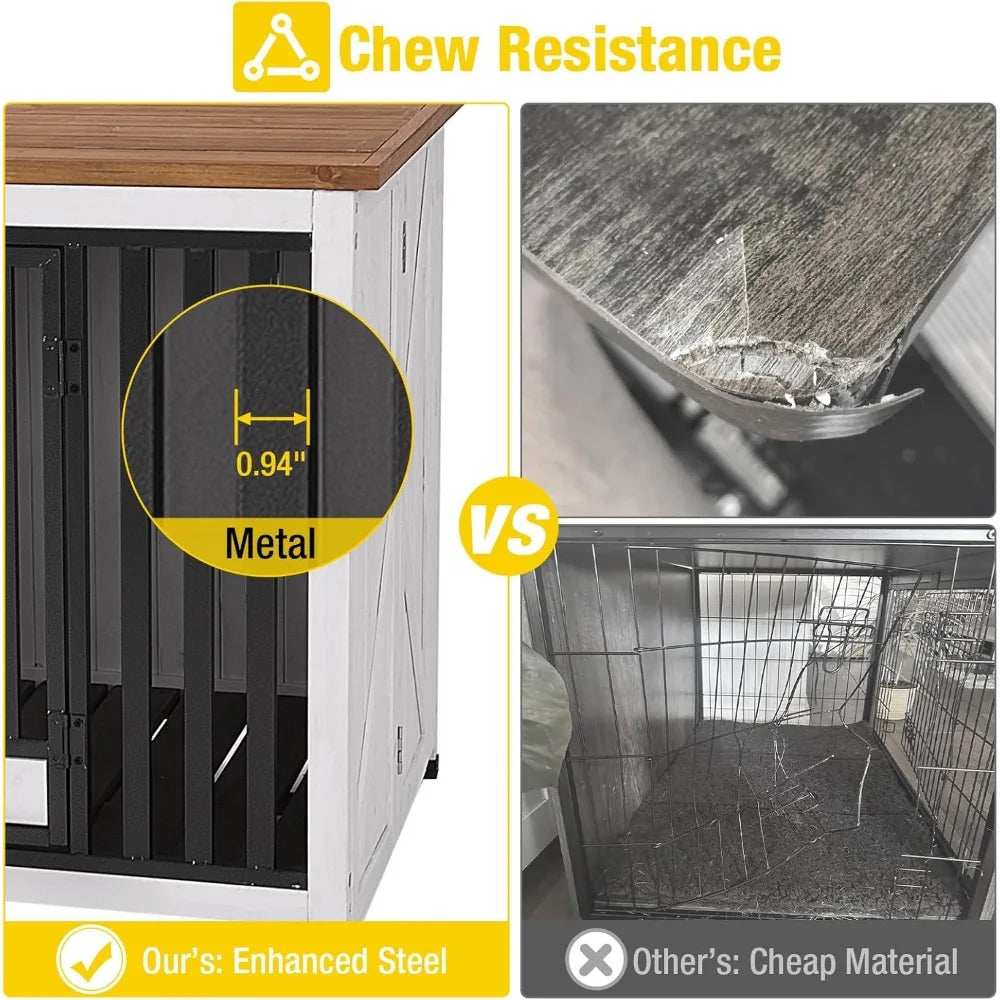 Foldable Dog Crate Furniture No Assembly, Expandable Design, Chew-Resistant, with 360° Rotating Pet Bowls