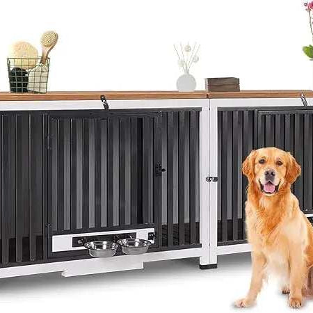Foldable Dog Crate Furniture No Assembly, Expandable Design, Chew-Resistant, with 360° Rotating Pet Bowls