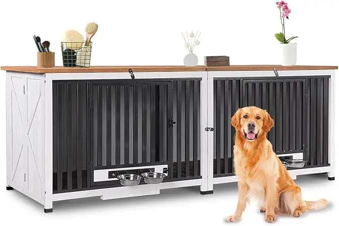 Foldable Dog Crate Furniture No Assembly, Expandable Design, Chew-Resistant, with 360° Rotating Pet Bowls