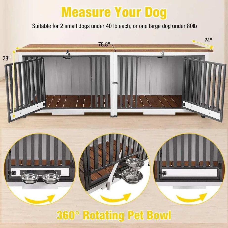 Foldable Dog Crate Furniture No Assembly, Expandable Design, Chew-Resistant, with 360° Rotating Pet Bowls