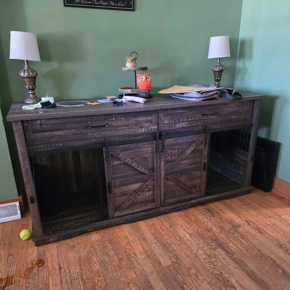 Wooden Furniture Double Dog Crate TV Stand for Medium and Large Breeds with Sliding Doors