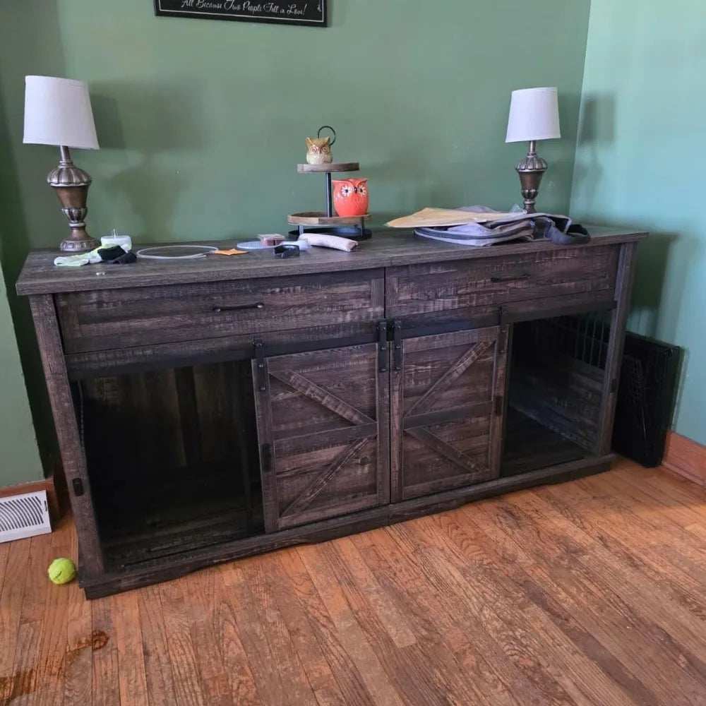 Wooden Furniture Double Dog Crate TV Stand for Medium and Large Breeds with Sliding Doors