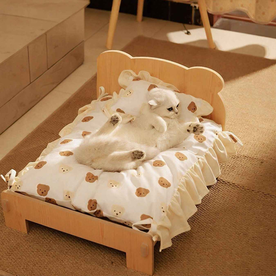 Wooden Pet Bed Frame - Miniature Bear Headboard with Bedding Set