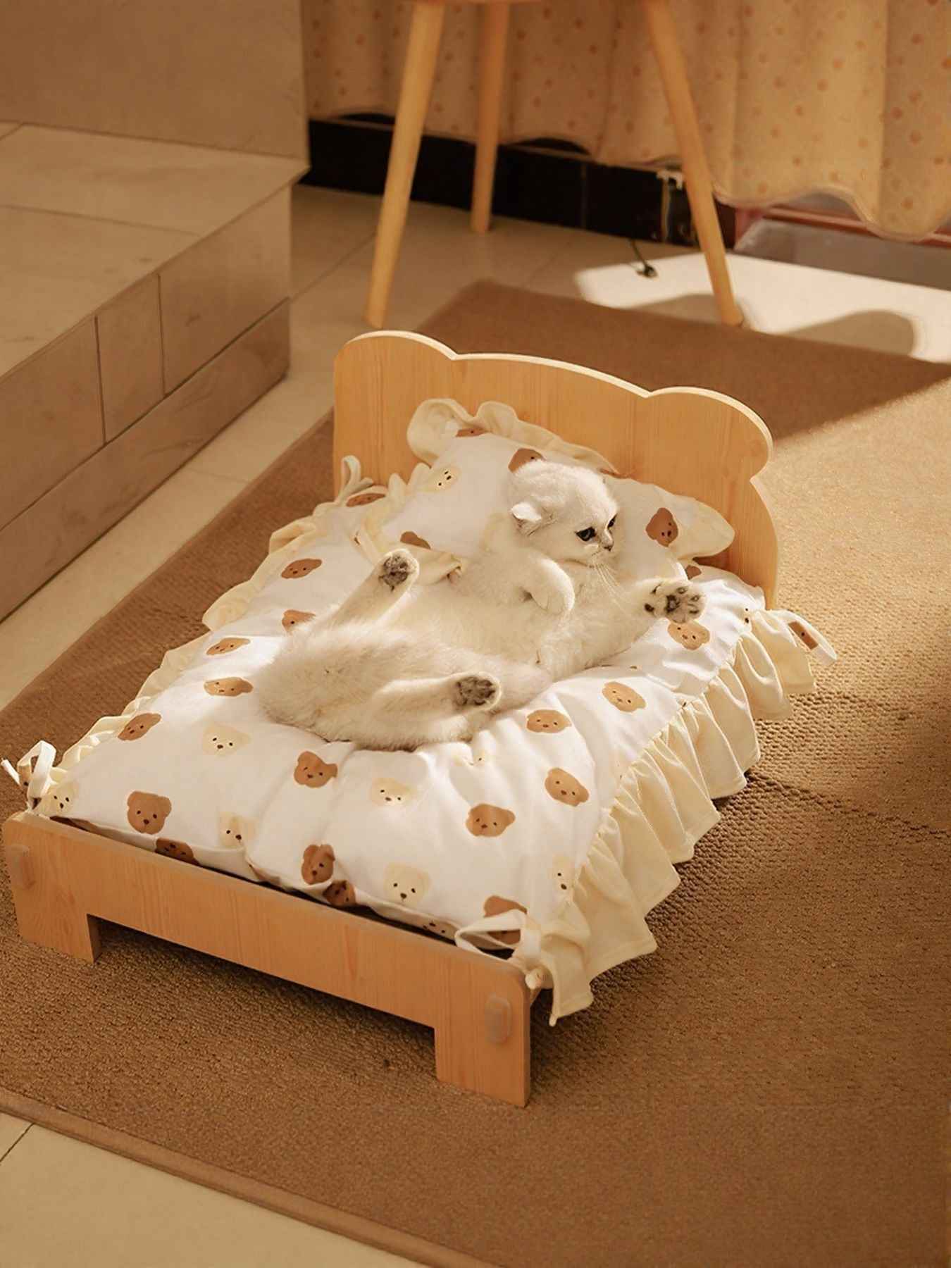 Wooden Pet Bed Frame - Miniature Bear Headboard with Bedding Set