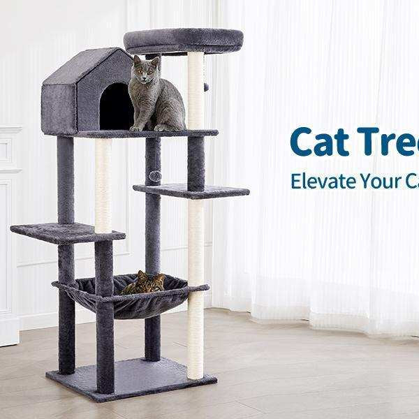 60 Inch Multi-Level Cat Tree For Indoor Cats With Plush Hammock