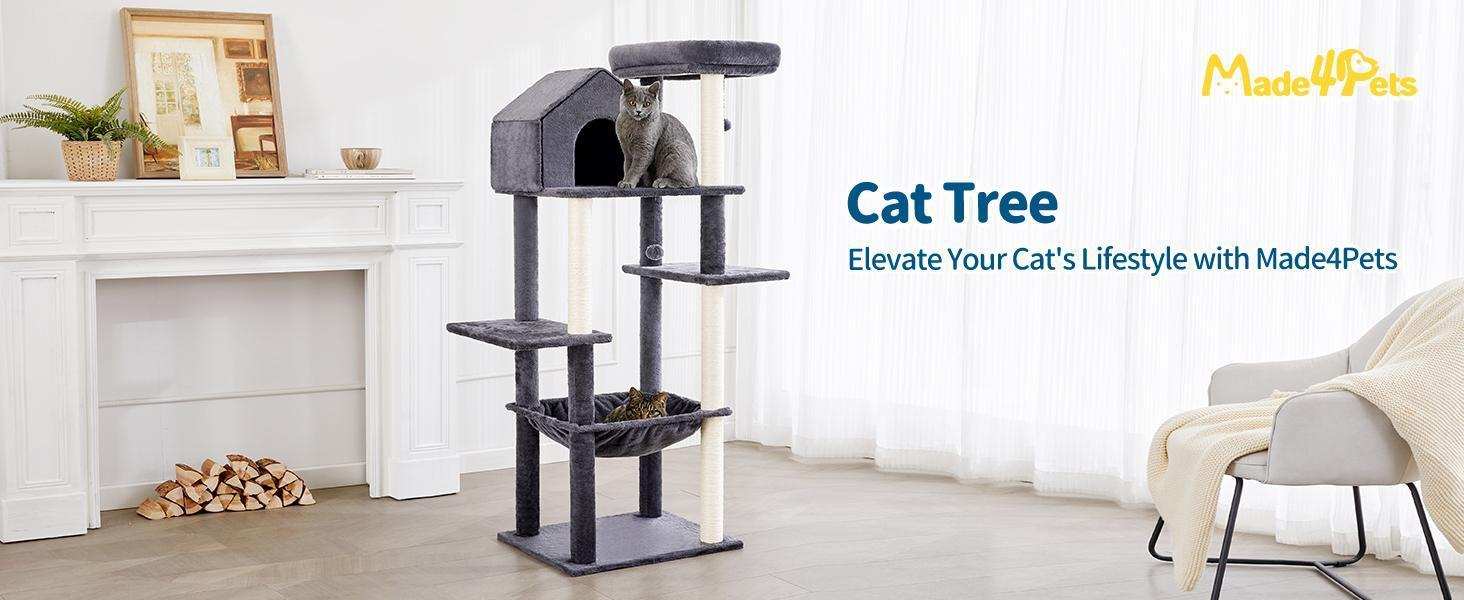 60 Inch Multi-Level Cat Tree For Indoor Cats With Plush Hammock
