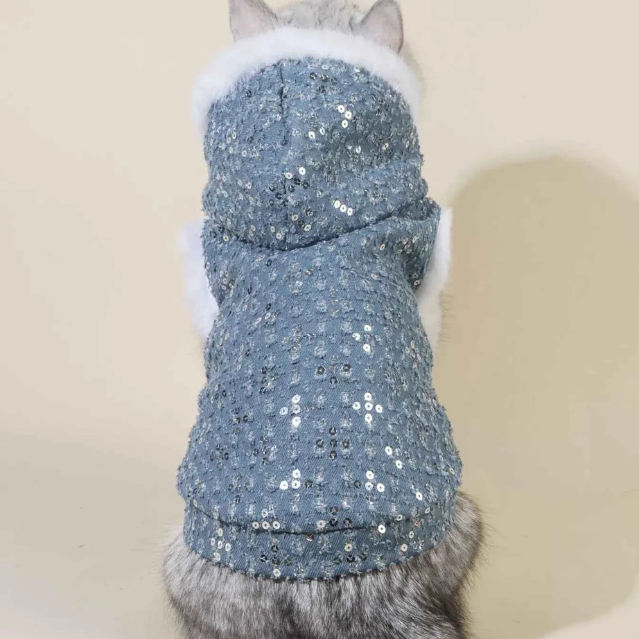Sequin Pet Coat - Fur Trim Hoodie