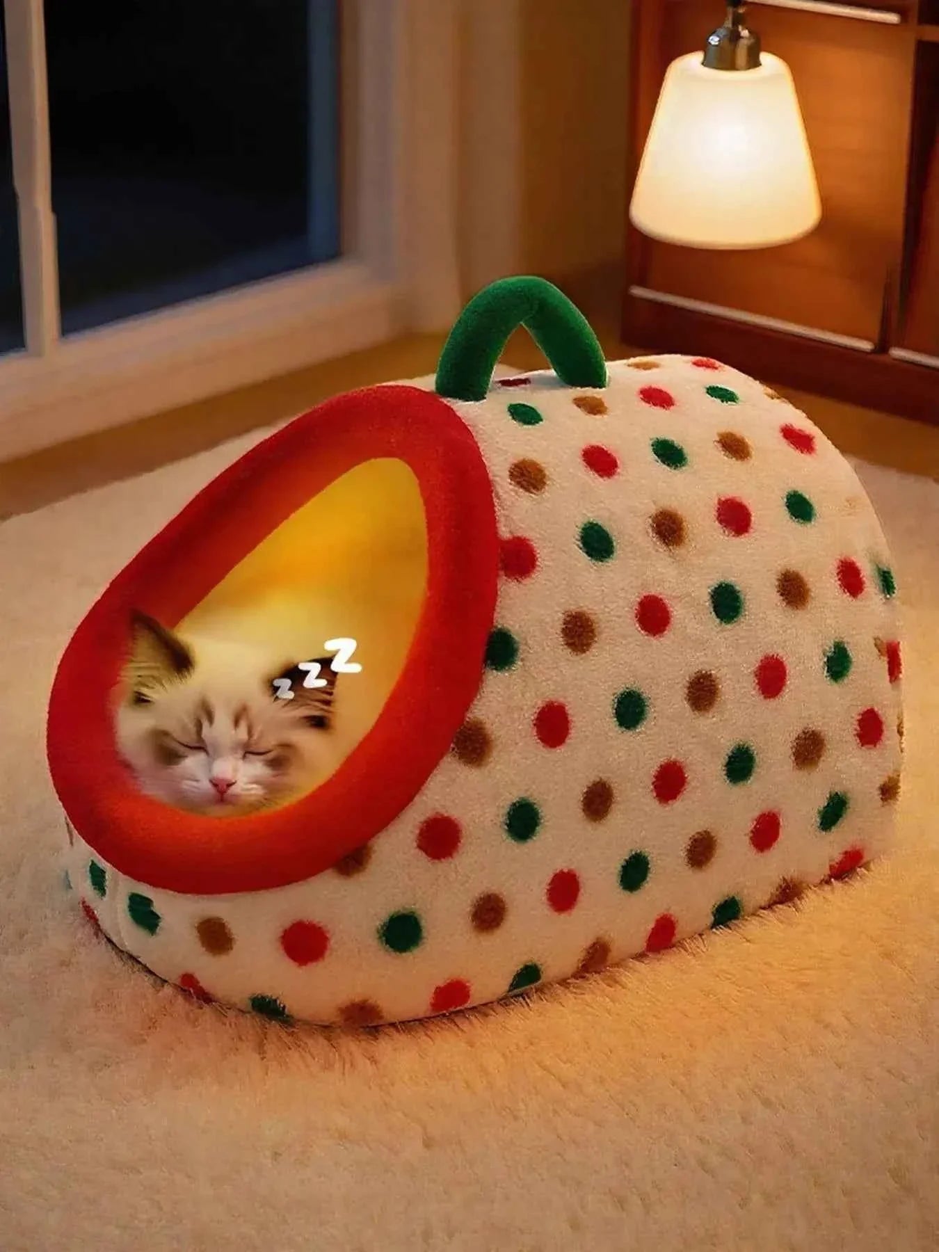 Pet Nest with Handle - Cozy Polka Dot Bed