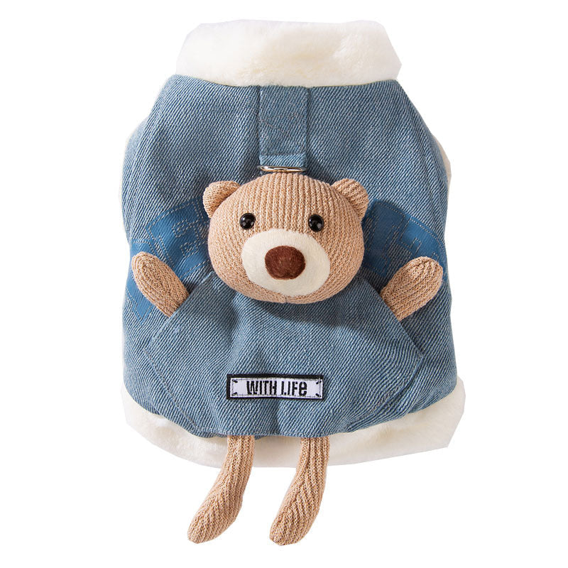 Teddy Bear Denim Vest - Dog Winter Coat with Plush Toy