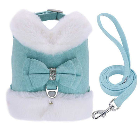 Warm Fur Collar Soft Padded Small Girl Pet Harness and Leash Set with Bow Tie