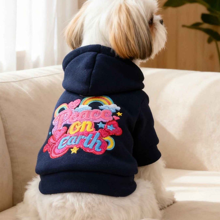 Dog Peace on Earth Hoodie - Rainbow Embroidered Navy Sweatshirt