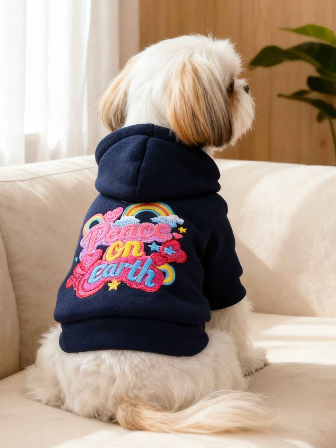 Dog Peace on Earth Hoodie - Rainbow Embroidered Navy Sweatshirt