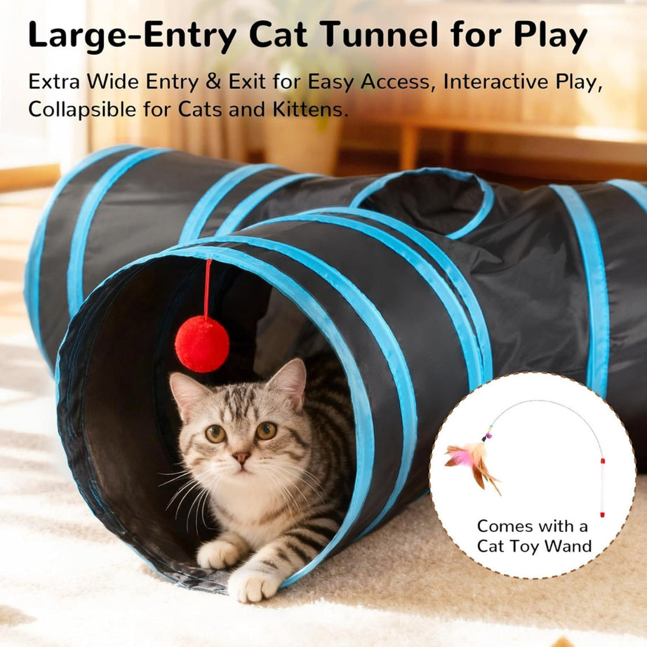 Cat Tunnel Toy 3-Way Collapsible - Peek Holes Teaser Wand Indoor Play