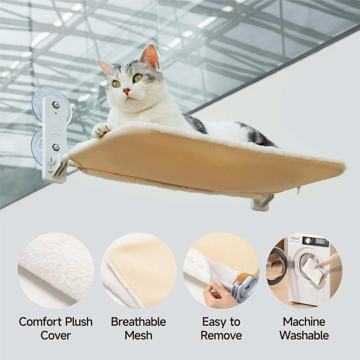 Large White Window Seat Cat Window Perch - Foldable Steel Frame Hammock with Removable Mat For Indoor Cats