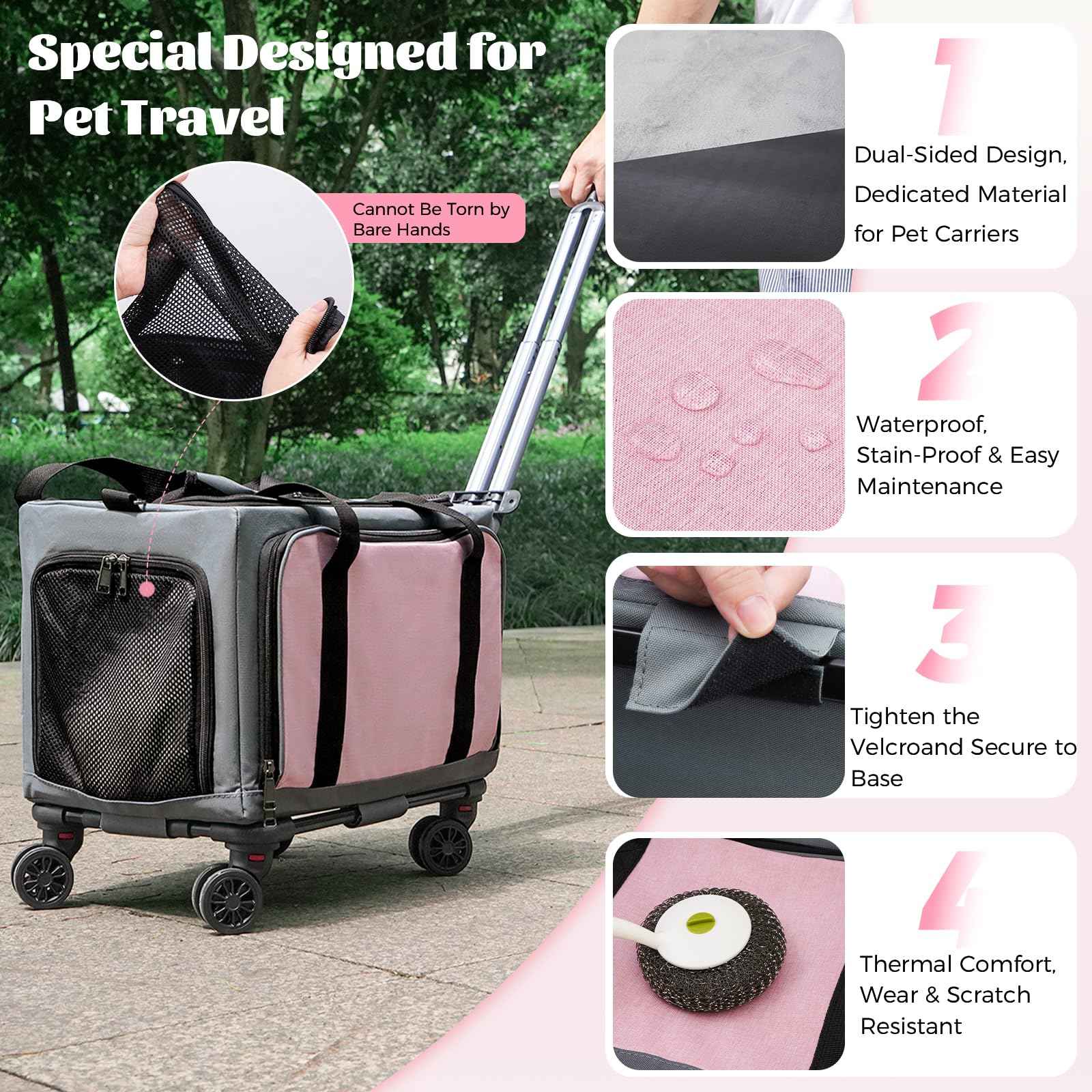 Rolling Pet Carrier with Wheels - 3-Sided Expandable Travel Bag Cats Dogs