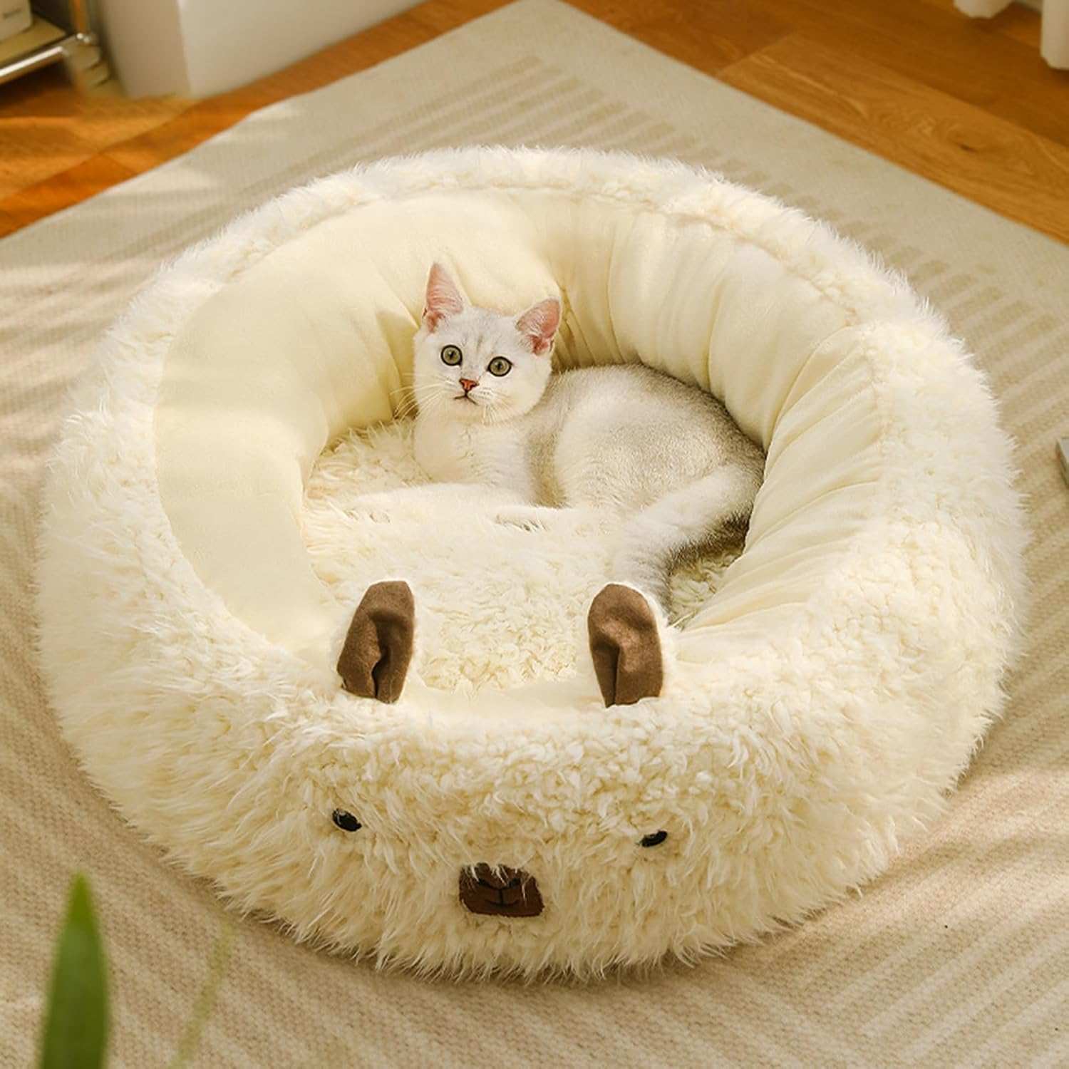 Alpaca Anti Slip Bottom Calming Raised Edges Pet Bed with Detachable Plush Pads