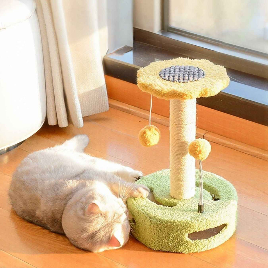 Cat Scratching Post Wooden - Interactive Toy with Dangling Balls