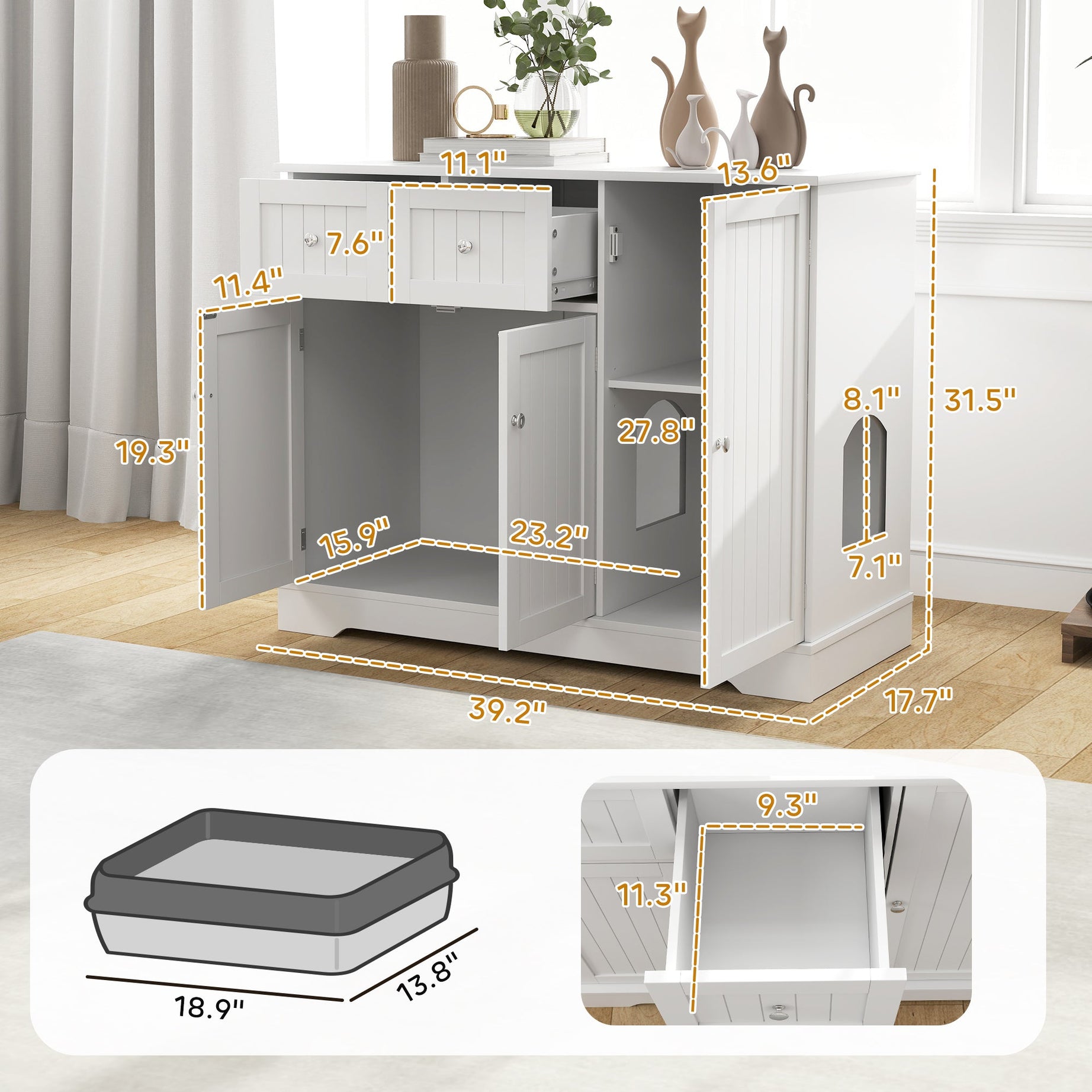 White Cat Litter Box Enclosure - Drawers and Storage