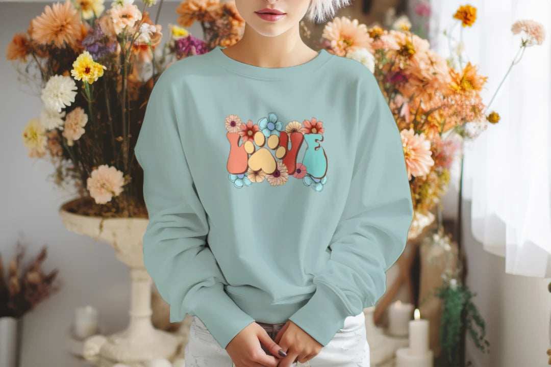 Love Paw Print Crewneck - Floral Pet Lover Sweatshirt