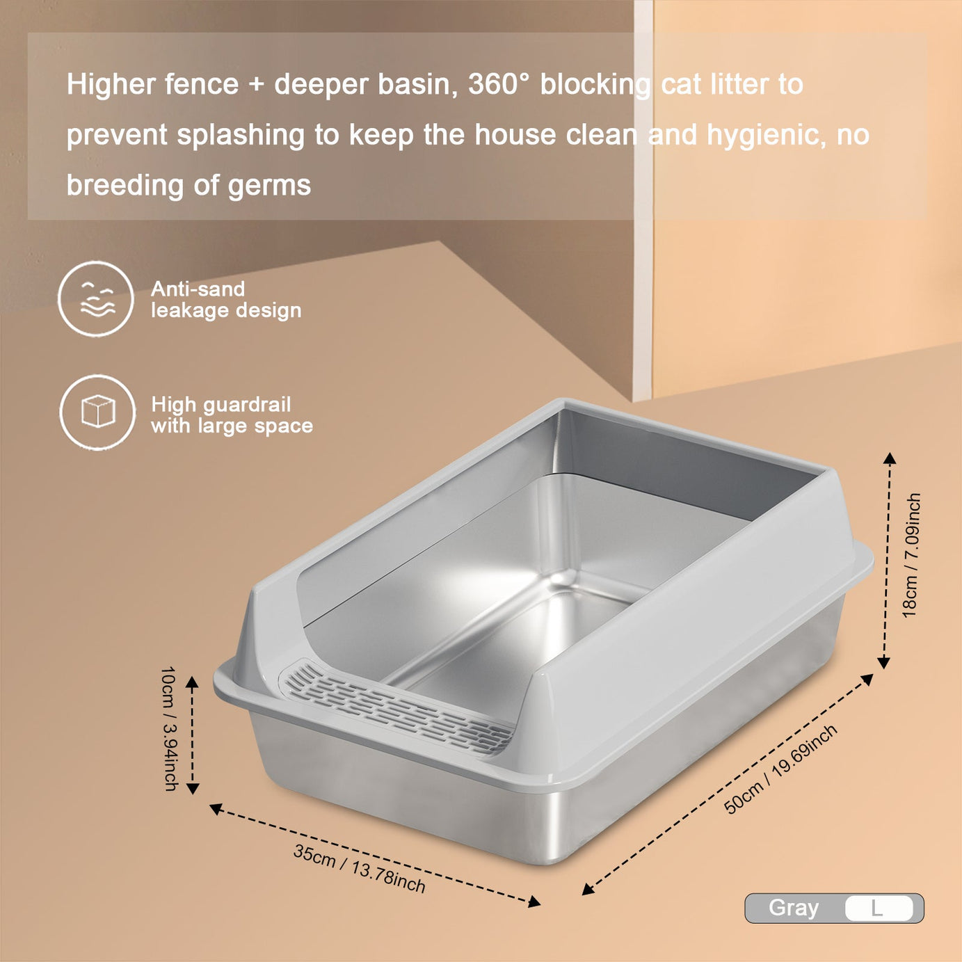 Cat Litter Box Oversized Stainless Steel - Semi-Enclosed Splash-Proof